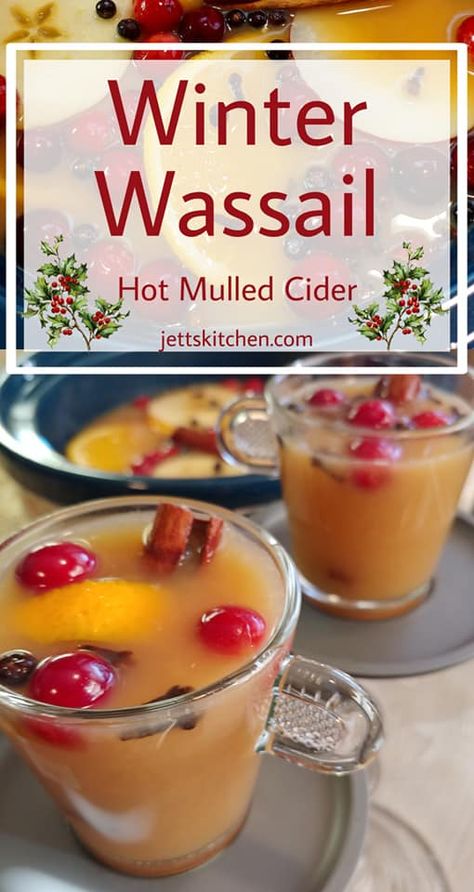 Winter Wassail Beverage; Hot Spiced Cider - Jett's Kitchen Christmas Hot Beverage Bar, Hot Alcoholic Drinks Crockpot, Alcoholic Wassail Recipe, Homemade Wassail Recipe, Crockpot Mulled Cider, Crockpot Drink Recipes, Wassel Recipe, Hot Alcohol Drinks, Wassail Cocktail