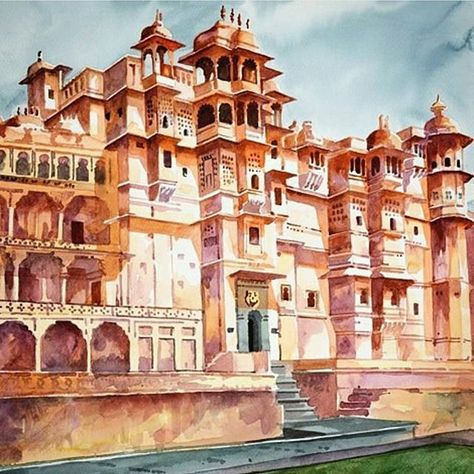 Majestic Mewar - a Living Heritage - Eternal Mewar is conceptualized to provide the vision for the 21st century. It expresses embodies encompasses the core values of the house of Mewar and covers all associated activities.  City Palace Udaipur : Beautifully depicted by @anurag.watercolor  #repost @udaipurblog #HouseOfMewar #udaipur #rajasthan #india #citypalace City Scape Painting, City Palace Udaipur, Watercolor Indian, Castle Painting, India Painting, Building Drawing, Watercolor Architecture, Watercolor Paintings For Beginners, Beautiful Art Paintings