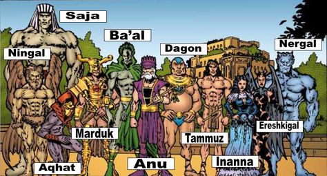 Mesopotamian Gods: Ningal - God of reeds. Saja - God of messengers. Aqhat - God of storms. Marduck - The chief god. Ba'al - God of the rain, thunder, fertility and agriculture, and the lord of Heaven. Anu - The sky god and god of the heavens. Dagon - God of fertility. Tammuz - God of food and vegetation. Inanna - Goddess of love, fertility, and warfare. Ereshkigal - The goddess of Irkalla, the land of the dead or underworld. Nergal - God of destruction. Mesopotamian Gods, Ancient Sumerian, World Mythology, Ancient Mesopotamia, Comic Book Superheroes, Ancient Mythology, Mythology Art, Mythological Creatures, Ancient Aliens