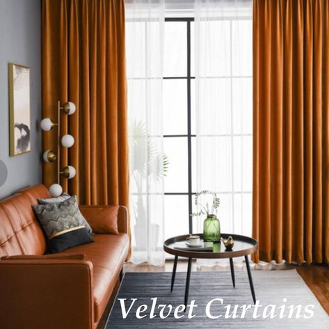 Amber Curtains Living Room, Orange Curtains Living Room Ideas, Burnt Orange Curtains Living Rooms, Fall Curtains Living Rooms, Orange Curtains Living Room, Orange Curtains Bedroom, Velvet Curtains Living Room, Velvet Curtains Bedroom, Rust Curtains