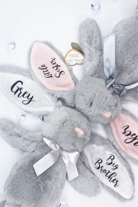 Brother Sister Gifts, Bunny Soft Toy, Grey Bunny, Personalized Bunny, Diy Bookmarks, Bunny Designs, Flower Girl Gifts, Baby Christening, Personalised Baby