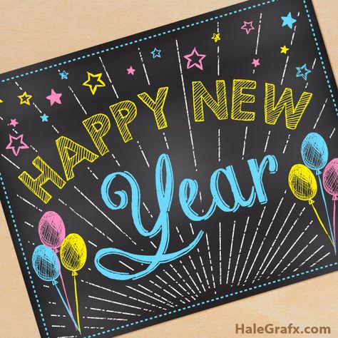 Free printable Happy New Year chalk art poster sign New Year Black Board Decoration, Happy New Year Board Decoration, New Year Chalk Art, New Years Chalkboard Art, Poster Drawing Ideas, Elementary School Bulletin Boards, Poster For School, New Year's Eve Decor, Poster Board Ideas