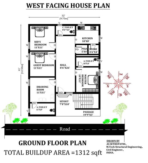 3bhk House Plan West Facing, West Facing 3bhk House Plans Vastu, 3 Bhk House Plan, West Facing House Plan, 3bhk House Plan, 900 Sq Ft House, Square House Plans, West Facing House, North Facing House