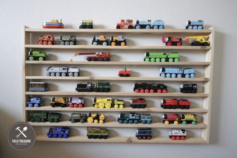 Wooden Train Storage, Diy Display Shelf, Brio Train, Cedar Boards, Picture Rail, Wall Rack, Wooden Train, My Sons, Thomas The Train