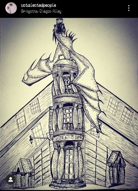 Diagon Alley Sketch, Gringotts Bank Drawing, Diagon Alley Drawing, Gringotts Bank, Hp Fanart, Harry Potter Diagon Alley, Harry Potter Travel, Potter Fanart, Wingardium Leviosa