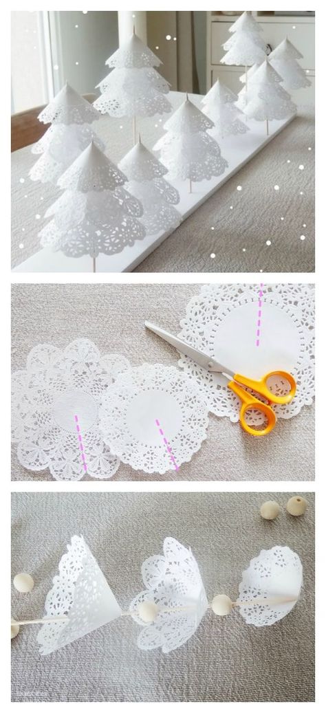 Pretty Paper Doilies Christmas Tree! Paper Christmas Trees, Paper Doily Crafts, Diy Christmas Paper, Doilies Crafts, Paper Christmas Decorations, Christmas Tree Decorations Diy, Christmas Paper Crafts, Paper Doilies, Christmas Projects Diy