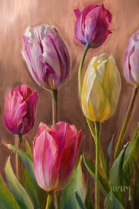 Tulip Painting, Tulips Art, Watercolor Tulips, Flower Painting Canvas, Soyut Sanat Tabloları, Watercolor Flower Art, Nature Art Painting, Oil Painting Flowers, Flower Art Painting