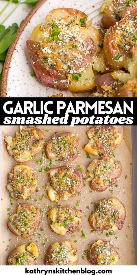 Garlic Parmesan Smashed Potatoes (Easy Side Dish) Lemon Smashed Potatoes, Smashed Potatoes Healthy, Healthy Cheese Potatoes, Roasted Garlic Smashed Potatoes, Smash Potato Recipes, Red Skin Smash Potatoes, Boiled Smashed Baked Potatoes, Smashed Potatoes Make Ahead, Sheet Pan Smashed Potatoes