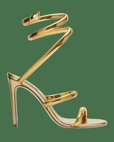 Rene Caovilla "Omega" sandal with a snake spiral detail around the ankle 4.25 in / 105 mm stiletto heel Open toe Double strap vamp  Lambskin leather Leather outsole Lining: Leather Rene Caovilla Heels Outfit, Renee Caovilla Heels, Gold Snake Heels, Arianne Martell, Rene Caovilla Heels, Snake Shoes, High Heels Classy, Snake Heels, Shoes Heels Classy