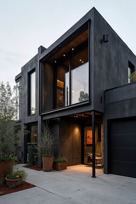 15 Black House Exterior Ideas That Redefine Modern Elegance Masculine House Exterior, Black Mid Century House Exterior, Black Modern Exterior House, Gothic Modern House Interior, Black Mid Century House, Black Luxury House Exterior, Mid Century House Exterior, Masculine House, Gothic Modern House