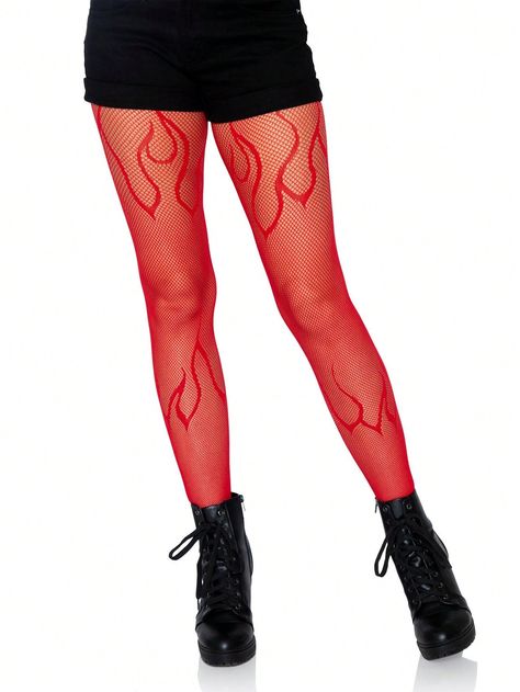 1pair Women Flame Print Fashionable Fishnet Tights For Daily LifeI discovered amazing products on SHEIN.com, come check them out! Red Fishnet Tights, Skull Tights, Red Pantyhose, Red Fishnets, Net Tights, Net Stockings, Black Flame, Leg Avenue, Leather Lingerie