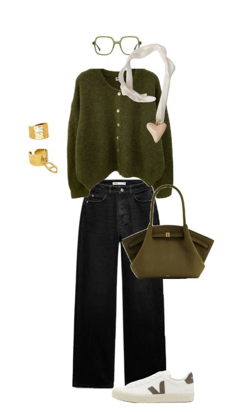 Olive Green Cardigan Outfit Work, How To Style A Green Sweater, Green Sweater With Jeans, Olive Cardigan Outfit, Olive Green Cardigan Outfit, Olive Sweater Outfit, Look Jean, Winter Fashion Outfits Casual, Transition Outfits