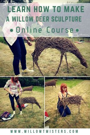 Willow Sculpture Ideas, Willow Statues, Stick Sculpture, Weaving Willow, Willow Sculpture, Deer Sculpture, Willow Garden, Twig Art, Willow Weaving