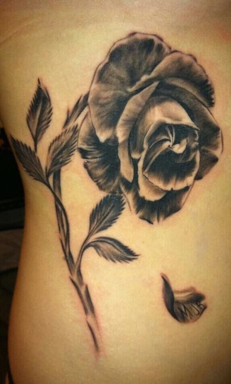 My rose tattoo on my ribs for my dad. Our last name is Rose and the falling petal has his initials. RIP dad I think about you everyday! Rose Petal Tattoo, Falling Tattoo, Rose Rib Tattoos, Rose Vine Tattoos, Rip Tattoos, Small Crown Tattoo, Flower Tattoo On Ribs, Small Rib Tattoos, Rib Tattoos For Guys