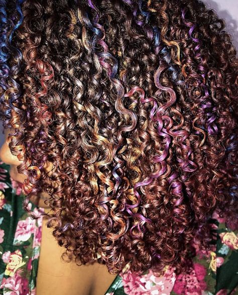 Curly Hair Rainbow Highlights, Red Highlights Natural Hair, Cute Dyed Curly Hair, Glitter Curly Hair, Multicolored Curly Hair, Multicolored Hair Highlights, Red Streaks Curly Hair, Colorful Curly Hair Black Women, Purple Highlights Black Hair Curly Hair