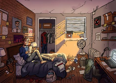 ArtStation - Peter Parker's Room, Dylan B. Caleho Spiderman Room Decor, Spiderman Room, Storyboard Ideas, Foto Top, Small Room Decor, Spiderman Artwork, Blue Beetle, Parker House, Marvel Spiderman Art