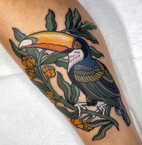 Neo Trad Bird Tattoo, Tucan Tattoo, Japanese Style Tattoo, Small Toucan Tattoo, Toucan Tattoo, Traditional Animal Tattoo, American Traditional Toucan Tattoo, Neo Traditional Bird And Flower Tattoo, Neo Traditional Kingfisher Tattoo