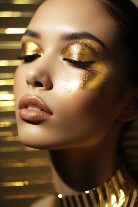 Gilded Goddess Cut Crease and Golden Glow A gilded cut crease lined with metallic gold embodies Hekate's commanding and radiant goddess energy. Metalic Make Up Looks, Golden Goddess Makeup, Inspired Makeup Looks, Greek Goddess Of Magic, Witchy Makeup, Goddess Hekate, Crystals And Herbs, Gold Make Up, Goddess Of Magic