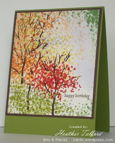 inked the trees with a marker intentionally missing parts. Then stamped the leaves just about everywhere in several different colours. -lengthened some of the branches with markers. Stampin Up Branch Out Cards, Sheltering Tree Stamp Set, Thanksgiving Cards Handmade, Autumn Cards, Carte Halloween, Leaf Cards, Tree Stamp, Crafts Cards, 카드 디자인