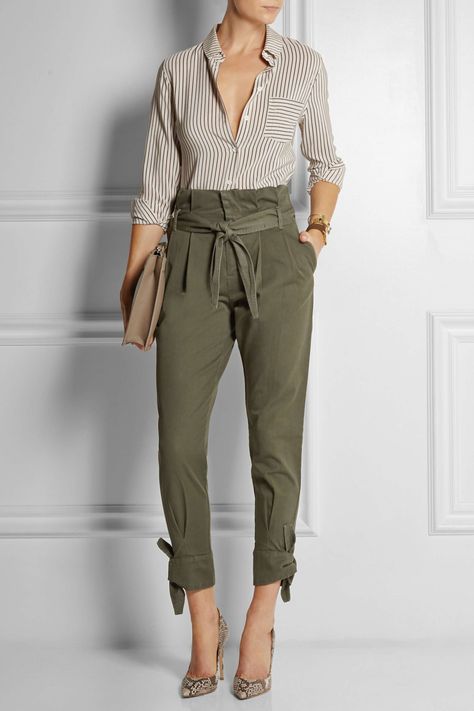 High Waisted Cargo Pants, Army Green Dress, Band Of Outsiders, Striped Shirts, Paperbag Pants, Soft Classic, Green Pants, Tapered Pants, High Waisted Trousers