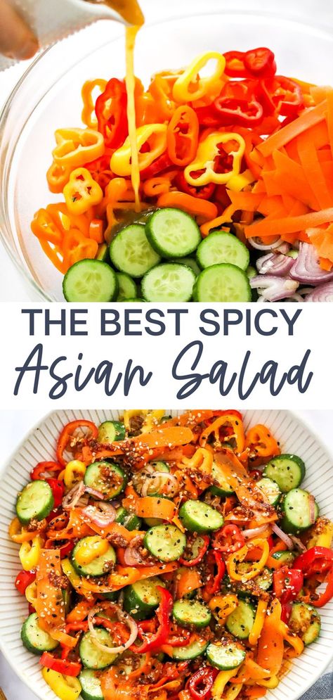 Quick Veggie Recipes, Easy Asian Potluck Recipes, Crunchy Veggie Salad, Vegan Light Dinner, Fresh Asian Recipes, Recipes With Crunchy Chili Oil, Lots Of Veggies Meals, Spicy Salad Recipes, Spicy Side Dishes