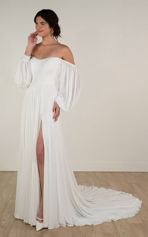 Modern Off-the-Shoulder Chiffon A-Line Wedding Dress with Sleeves - 7901 Stella York Wedding Dress, Stunning Bridesmaid Dresses, Beach Wedding Dress Boho, Lace Wedding Dress With Sleeves, Designer Bridesmaid Dresses, Blush Bridesmaid Dresses, Stella York, Chiffon Wedding Dress, Affordable Wedding Dresses