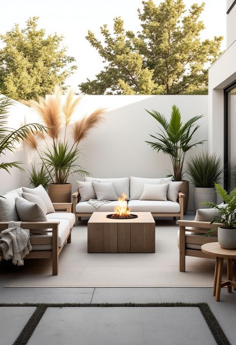 Embrace the essence of Scandinavian design with this minimalist outdoor patio. Light-toned wooden furniture, neutral cushions, and a cozy firepit create a tranquil space, beautifully framed by lush greenery for a perfect escape. Scandinavian Outdoor Furniture, Light Wood Furniture, Modern Scandinavian Decor, Industrial Art Deco, Neutral Cushions, Scandinavian Decor, Duvet Bedding, Scandinavian Inspired, Authentic Design