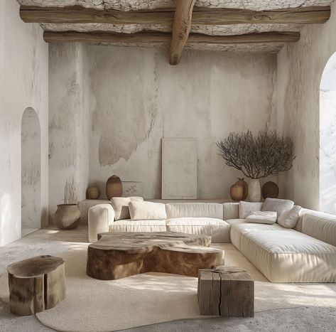 Wabi Sabi Couch, Neutral Coastal Living Room, Hacienda Interior Design, Wabi Sabi Living, Modern Hacienda, Mediterranean Living Room, Mediterranean Interior Design, Earthy Living Room, Modern Boho Living Room