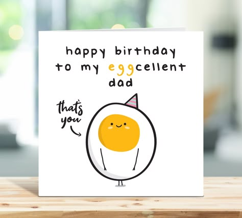 See our full range here: https://www.etsy.com/uk/shop/Twistedhaggis A cute and funny egg pun greetings card for your Dad! Proudly designed and printed in Scotland on high quality, FSC certified, 300gsm smooth board. Your card will be sent inside a Kraft envelope and then packaged in a separate hard-back envelope for extra protection during transit. Card Size: 147mm x 147mm (5.7 x 5.7 inches) approx. CUSTOM MESSAGE PRINTED INSIDE THE CARD If you would like a custom message printed inside the card Sister Birthday Card Funny, Fiance Birthday Card, Birthday Card For Aunt, Birthday Aunt, Happy Birthday Uncle, Birthday Cards For Girlfriend, Birthday Cards For Niece, Fiance Birthday, Grandma Birthday Card