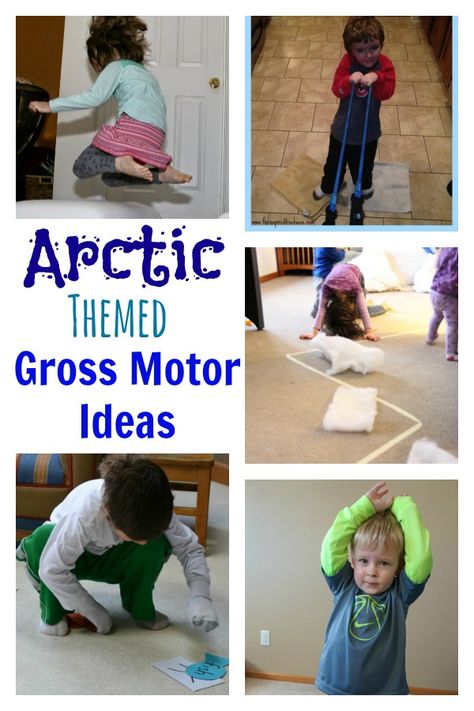 It’s cold around here.  It feels just like the arctic!  I just checked the temperature and it was 5 degrees.  Yep, 5 degrees outside!  Yuck!  So, we are staying in this week.  Although we are inside it is still important to get some energy out.  Since it feels like the arctic, gross motor games with … Preschool Seasons, Arctic Animals Preschool, January Themes, January Activities, Gross Motor Activity, Preschool Winter, Fine Motor Activities For Kids, Snow Activities, Gym Games