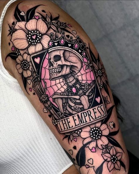 Empress Tattoo Ideas, Girly Goth Tattoo, The Empress Tarot Card Tattoo, The Empress Tattoo, Empress Tarot Card Tattoo, Spooky Tattoos For Women, The Empress Tarot Tattoo, Creepy Tattoos Gothic, Goth Tattoo Designs