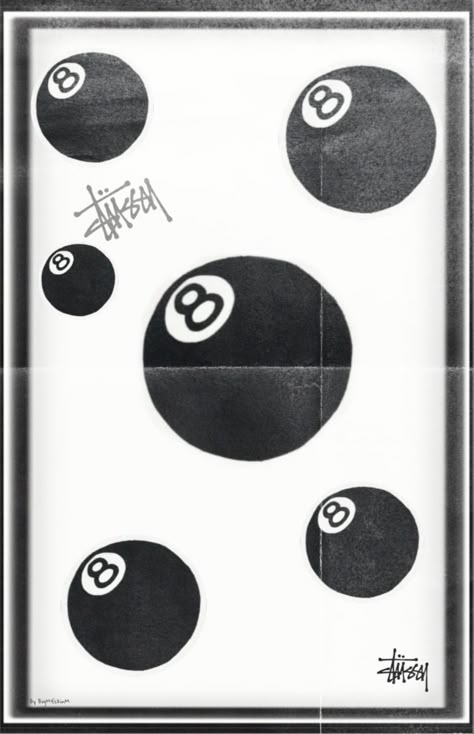 8 Ball Poster Aesthetic, 8ball Poster, Wall Full Of Posters, Stussy Room, Stussy Prints, Grunge Wall Prints, Posters To Draw, 8 Ball Poster, Stussy Poster