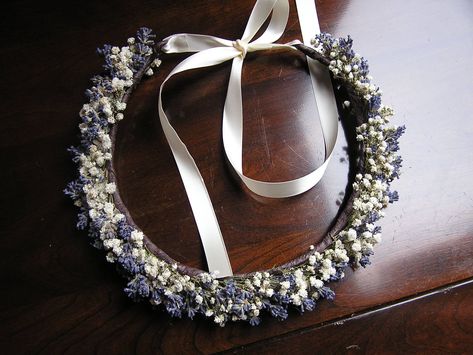 This gorgeous wedding hair crown was made with dried baby's breath and dried Lavender. Perfect for any weddings - inside or outside! The bridal hair crown is adjustable and bends very well because of the floral wire base. This dried flower crown ties in the back with a ribbon of your choice. I offer lavender, purple, white and ivory satin ribbon. This bridal head piece is a perfect size for any adult head and a child.  Very charming and has a wonderful fragrance because of the Lavender. Made to Bridal Hair Crown, Hair Circlet, Boho Bridal Headpiece, Winter Bridal Bouquets, Boho Crown, Boho Headpiece, Wedding Hair Wreath, Bridal Bouquet Fall, Hair Crown