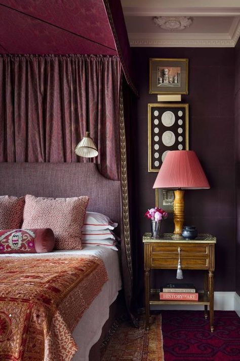 Dark Purple Room, Jewel Toned Bedroom Decor, Maximalist Bedrooms, Jewel Tone Bedroom, Romantic Bedroom Design, Maximalist Bedroom, Rose Bedroom, Maximalist Interior, Purple Rooms