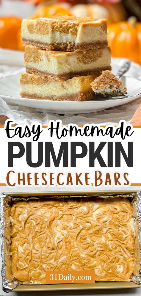 Let's make the ultimate autumn treat: pumpkin cheesecake bars. Creamy, delicious, warmly spiced, and perfect for the holidays or any fall day! Cookeskitchen1 Pumpkin Bars, Pumpkin Cheesecake Squares Bar Recipes, Pumpkin Cheesecake Streusel Bars, Pumpkin Pie Cheesecake Bars Easy, Chewy Pumpkin Bars, Layered Pumpkin Cheesecake Bars, Quick And Easy Fall Treats, Pumpkin Cheesecake Bars No Bake, Work Thanksgiving Potluck Ideas