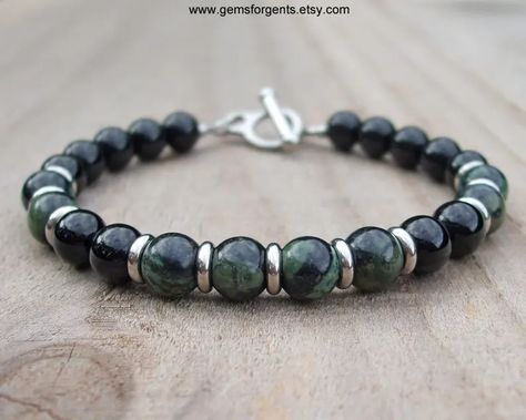 Green Kambaba Jasper and Black Onyx Mens Beaded Bracelet - Etsy Umpa Lumpa, Mens Jewelry Diy, Man Bracelet, Bracelets Men, Diy Beaded Bracelets, Men Bracelets, Kambaba Jasper, Dainty Diamond Necklace, Earthy Green