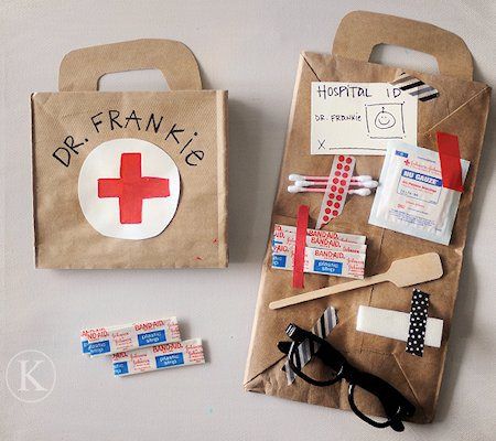 Sick Day Learning and Play, make a dr kit from paper bags and first aid supplies. cute. Doctor Bag Craft, Doctor Craft, Diy Doctor, Community Helpers Theme, Community Helpers Preschool, Child Life Specialist, National Doctors Day, Playing Doctor, Sick Day