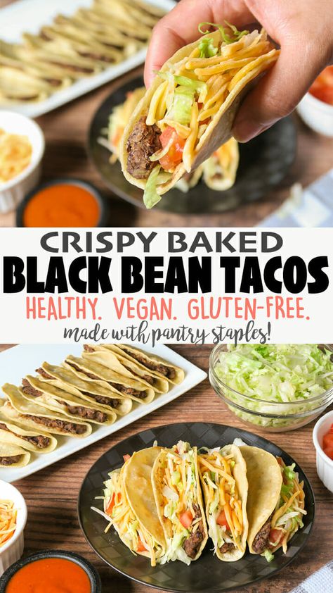 Skip the store and make these Crispy Baked Black Bean Tacos with just a few pantry staples! These tacos are a Low-Fat, Vegan, Gluten-Free, Easy 30-minute meal! Click for the full detailed recipe and video! #30minutemeals #veganrecipes #tacos #blackbeans #vegetarianrecipes #mexicanfoodrecipes Baked Black Bean Tacos, Red Lentil Dahl, Lentil Dahl, 30 Minute Meals Easy, Black Bean Tacos, Cookies Gluten Free, Bean Tacos, Healthy Tacos, Vegetarian Dinners