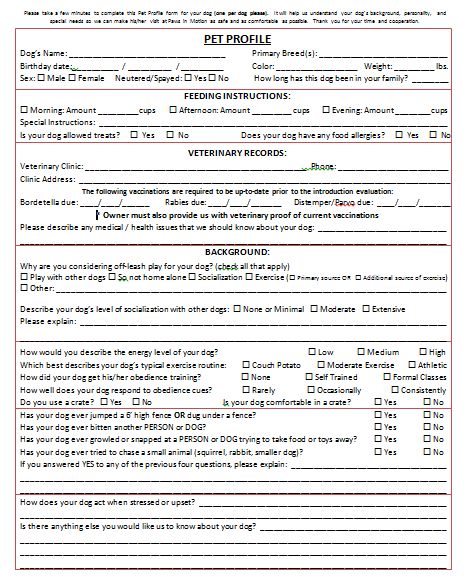 Pet Profile Form - customized for scoring introduction evaluations Dog Boarding Forms, Pet Profile Template, Pet Sitting Forms, Sitting Photography, Dog Sitting Business, Dog Daycare Business, Boarding Kennels, Dog Boarding Facility, Pet Grooming Business