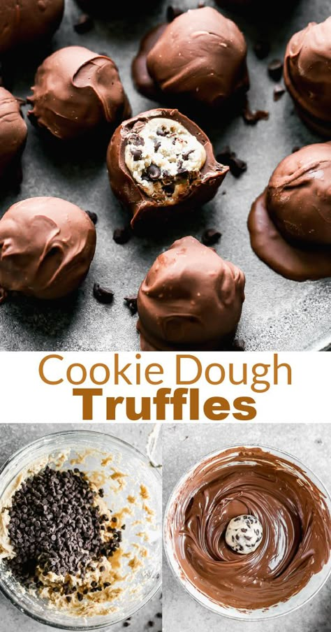 Cookie Dough Truffles collage image for Pinterest. Diy Truffles Recipes, Chocolate Chip Cookie Dough Truffles, Gluten Free Cookie Dough, Finger Desserts, Dessert Truffles, Truffle Recipes, Christmas Cookie Box, Round Food, Tastes Better From Scratch