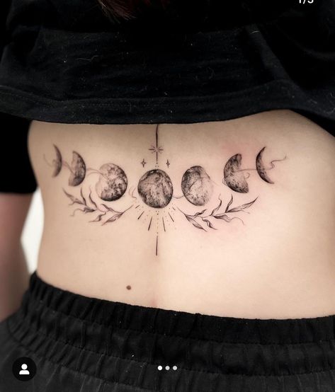 Moon Phases Tattoo Chest, Moon Phase Chest Tattoo, Moon Phases Tattoo Chest Women, Moon Phases Chest Tattoo, Collarbone Moon Phase Tattoo, Moon Phases Tattoo Ribs, Ornamental Moon Phases Tattoo, Horizontal Tattoo, Moon Phase Tattoo