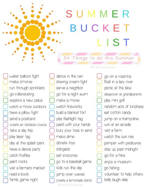 {Summer Bucket List and FREE PRINTABLE} 54 Things to do with Your Kids This Summer - The Love Filled Way Printable Summer Bucket List, Kids Summer Bucket List, Bucket List For Teens, Outdoor Pics, Summer To Do List, Summer Schedule, Fun List, Summer Fun For Kids, Summer Fun List