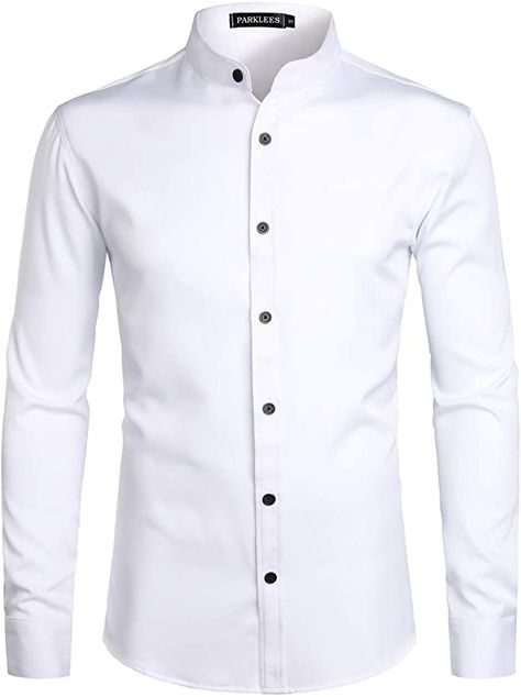 PARKLEES Men's Slim Fit Long Sleeve Button Up Casual Band Collar Shirts : Amazon.co.uk: Clothing Mandarin Collar Dress, Banded Collar Shirts, Mandarin Collar Shirt, Business Shirts, Mens Dress, Men Fashion Casual Outfits, Collar Shirt, Formal Shirts, Slim Fit Men