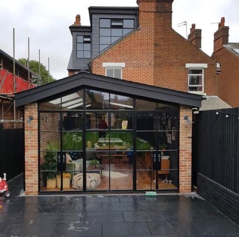 Lexden Home rear addition. Skylights and wall to wall black frame windows Kitchen Extension Terraced House, Black Terrace, Terrace House Exterior, Frame Windows, Cottage Extension, Kitchen Diner Extension, Black Window Frames, Roof Extension, Work Project