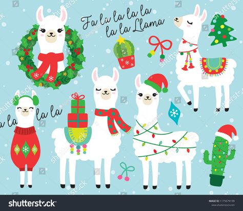 Cute llama and alpaca with Christmas holidays theme vector illustration. Llama wearing Santa hat and sweater, carrying Christmas gifts. Llama with Christmas wreath and light. Cactus with Santa hat. #Ad , #Sponsored, #vector#theme#Llama#illustration Llama Illustration, Llama Clipart, Wreath Clip Art, Llama Christmas, Png Illustration, Llama Alpaca, Cute Llama, Art Bundle, Holiday Themes