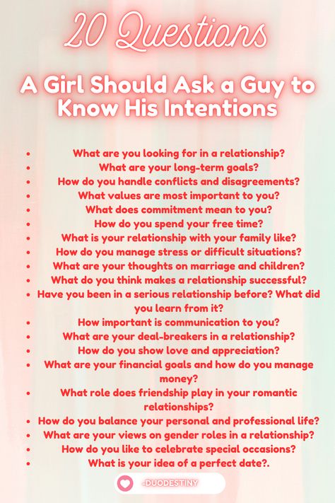 Key Questions to Ask a Guy to Understand His Intentions Before Starting a Relationship Question Before Relationship, Before Relationship Questions, Intentional Dating Questions, Question To Ask Before Dating, Questions Before Relationship, Early Relationship Questions, Questions To Ask Before Commitment, Dating With Intention, Values Questions