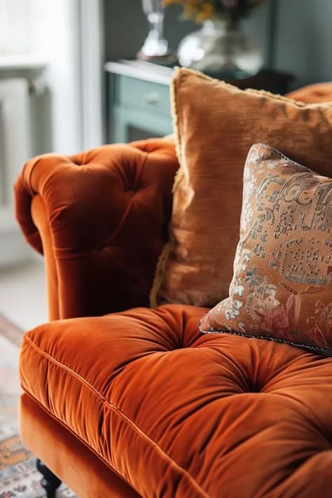 Rust Velvet Sofa: My Chic Living Room Update Rust Chairs Living Room, Plush Velvet Sofa Living Rooms, Dark Orange Velvet Sofa, Navy Mustard Rust Living Room, Cognac Velvet Sofas, Cinnamon Velvet Sofa, Burnt Orange Velvet Sofa, Rust Interior Design, Rust And Teal Living Room