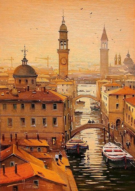 Rooftop View, Venice Painting, Charcoal Art, Retro Modern, Painting Illustration, Oil Painting On Canvas, Painting On Canvas, Big Ben, Taj Mahal