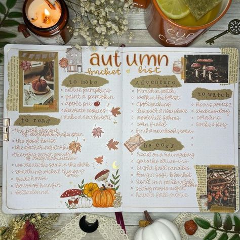 Fall Reading Journal Spread, Fall Journal Spread, Fall Tbr, Mushroom Autumn, Journal Decor, Bucket List Book, Reflective Journal, Happy Planner Layout, Fall Bucket List