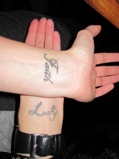 Faith and Lucky wrist tattoos Lucky Wrist Tattoo, Wrist Tattoo, Wrist Tattoos, Jesus Fish, Fish Tattoos, Jesus Fish Tattoo, The One, I Love, My Style